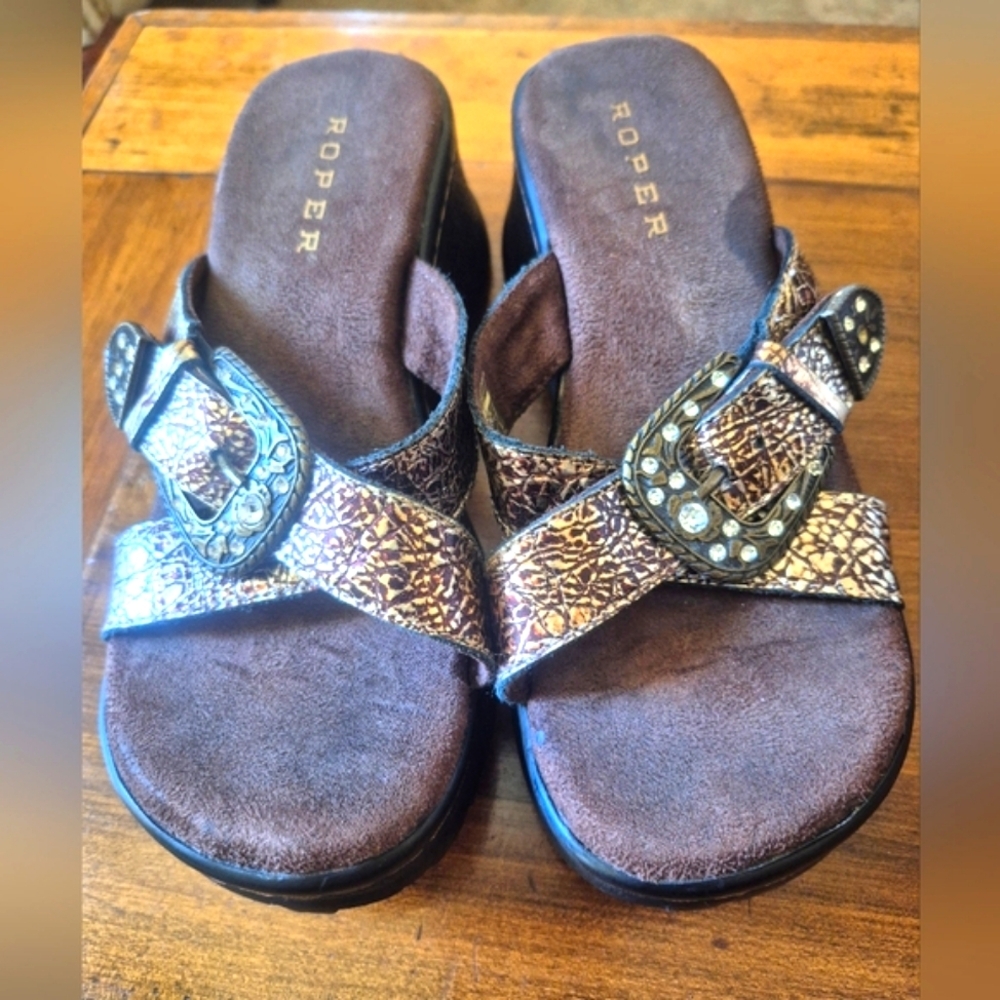 Roper Copper Metallic Buckle Slide Mules